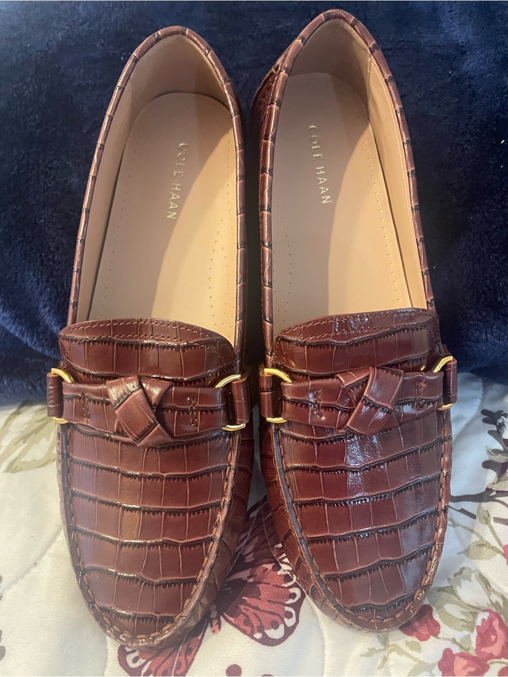 Cole Haan Brown Croc-Embossed Leather Bit Loafers